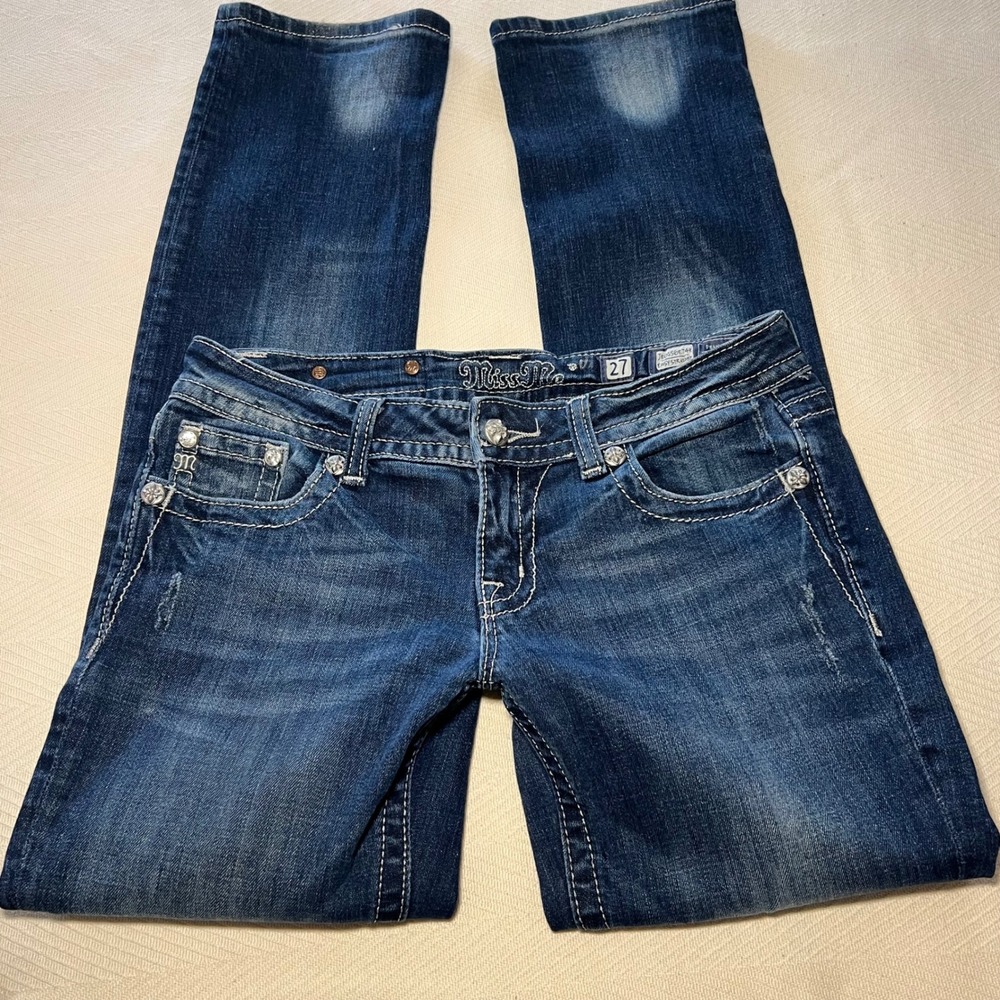 Miss Me Easy Straight Low Rise Embellished Jeans Medium Wash Y2K 27